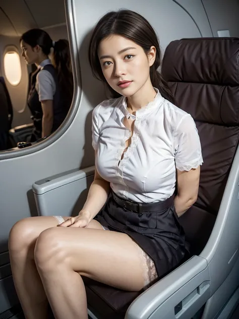 ((Highest quality、8k、masterpiece：1.3))、((Cabin attendant who sits with a seat belt on an airplane chair 1.5))、((sits on an airplane chair with a seat belt flight attendant 1.5))、sharp concentration：1.2、 ((J-cup beautiful big breasts 1.3))、((Bare legs、baref...