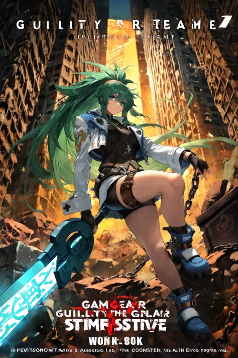 4K, Game's Cover, Guilty Gear Strive Style, 1 girl, solo, chains around her, extreme large Long Messy hair, cyan-Green colored hair, big bosom, buxom, jacket (with impressive details), shirt, spiked belt (large),  skirt, undershorts, spiked boots, holding ...