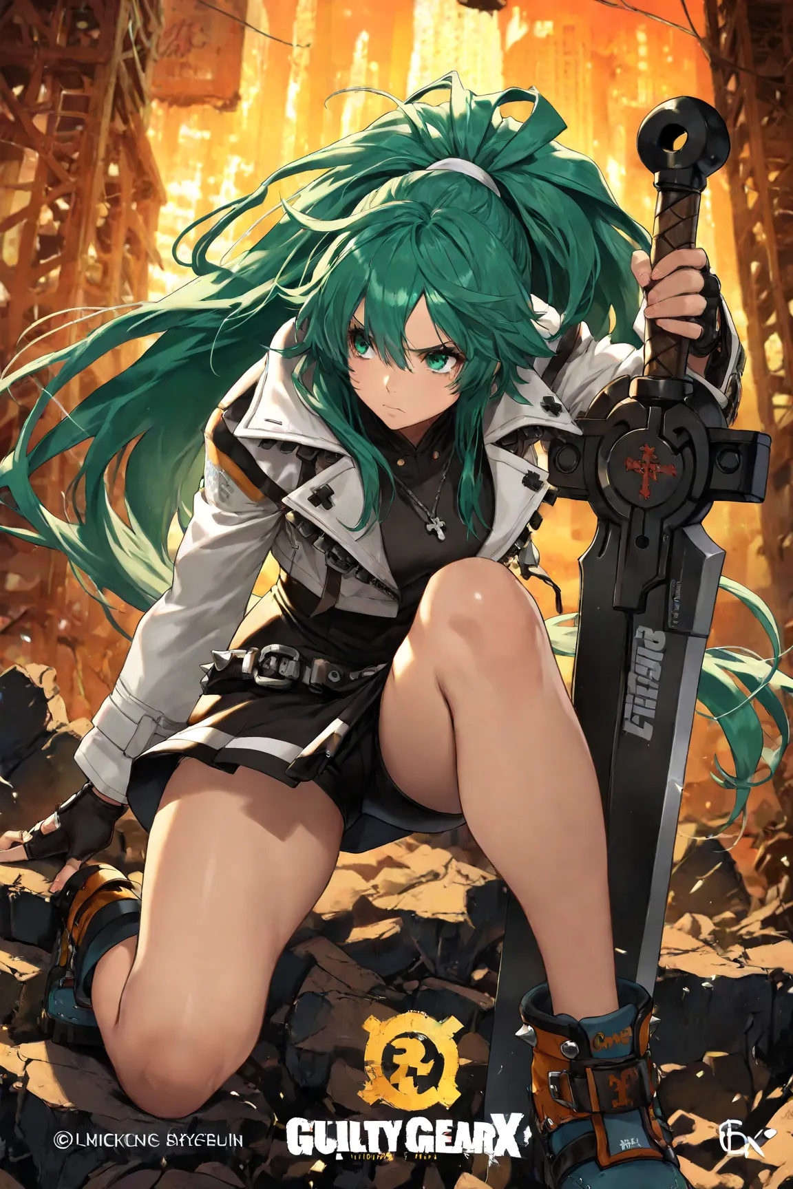 4K, Game's Cover, Guilty Gear Strive Style, 1 girl, solo, chains around her, extreme large Long Messy hair, cyan-Green colored hair, big bosom, buxom, jacket (with impressive details), shirt, spiked belt (large),  skirt, undershorts, spiked boots, holding ...