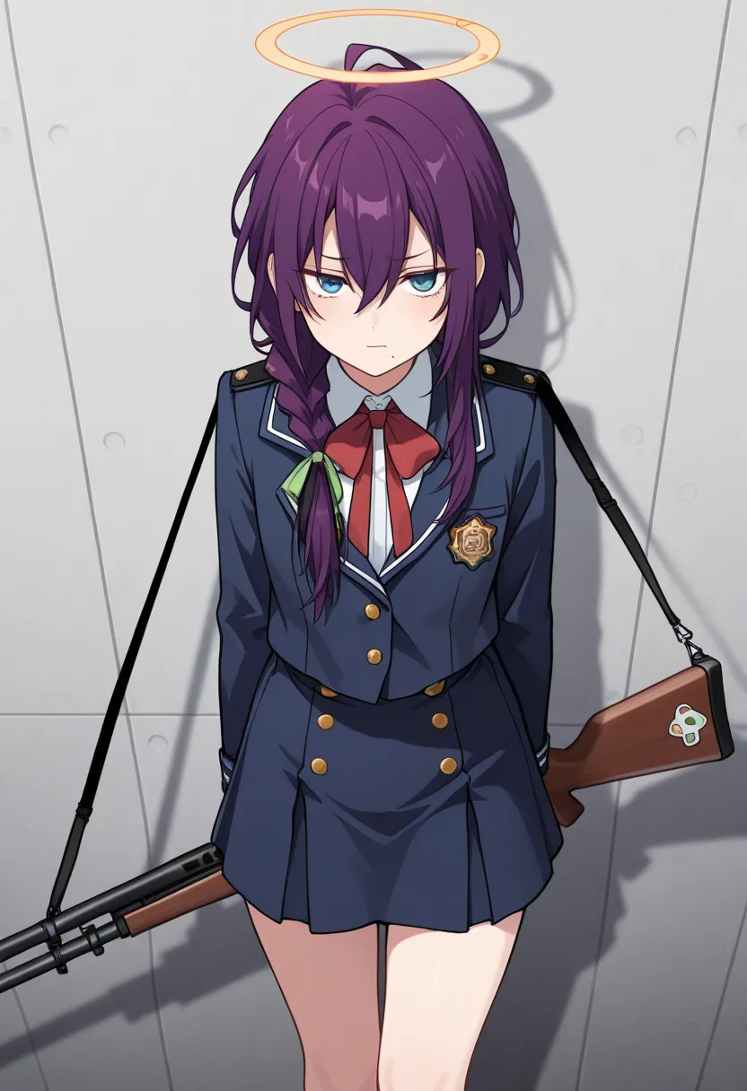 masterpiece, best quality, 
mayoi, 1girl, school uniform, solo, purple hair, braid, single braid, long hair, ahoge, hair between eyes, hair over shoulder, ribbon, hair ribbon, blue eyes, mole, mole under mouth, rifle, halo, serious expression, closed mouth...