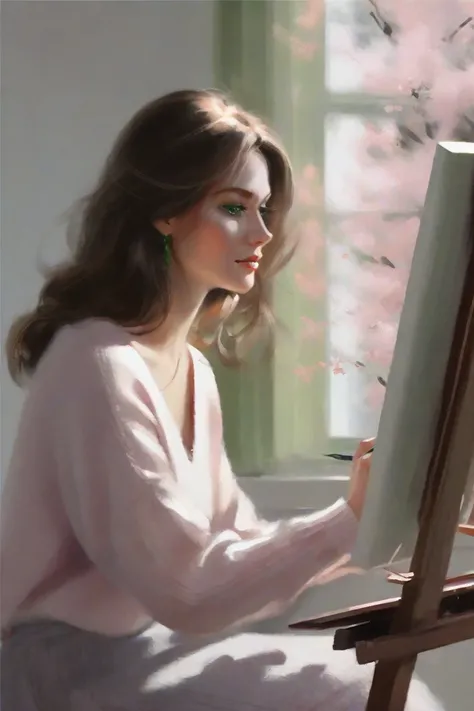 Wgz style, a woman wearing sweater, brown hair, green eyes, masterpiece, knee up painting masterpiece, white skirt, pink clothes 