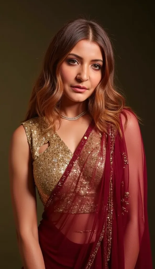 Generate a close up front image of a woman in a maroon fully transparent sleeveless saree. The blouse is golden colour with mirror sequins. It has no sleeves and has a golden satin finish. The woman is giving a sexy, seductive and bold.