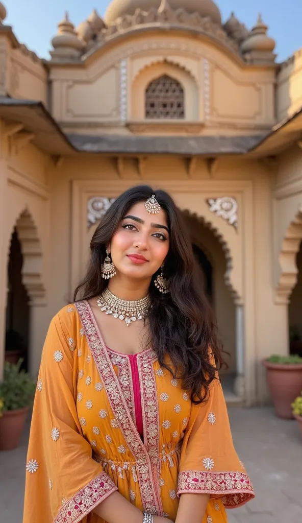 "A serene and vibrant rural scene inspired by Indian and Pakistani culture. A woman dressed in traditional South Asian attire stands gracefully in front of a heritage-style haveli. She is wearing a colorful, intricately embroidered dress with mirror work, ...