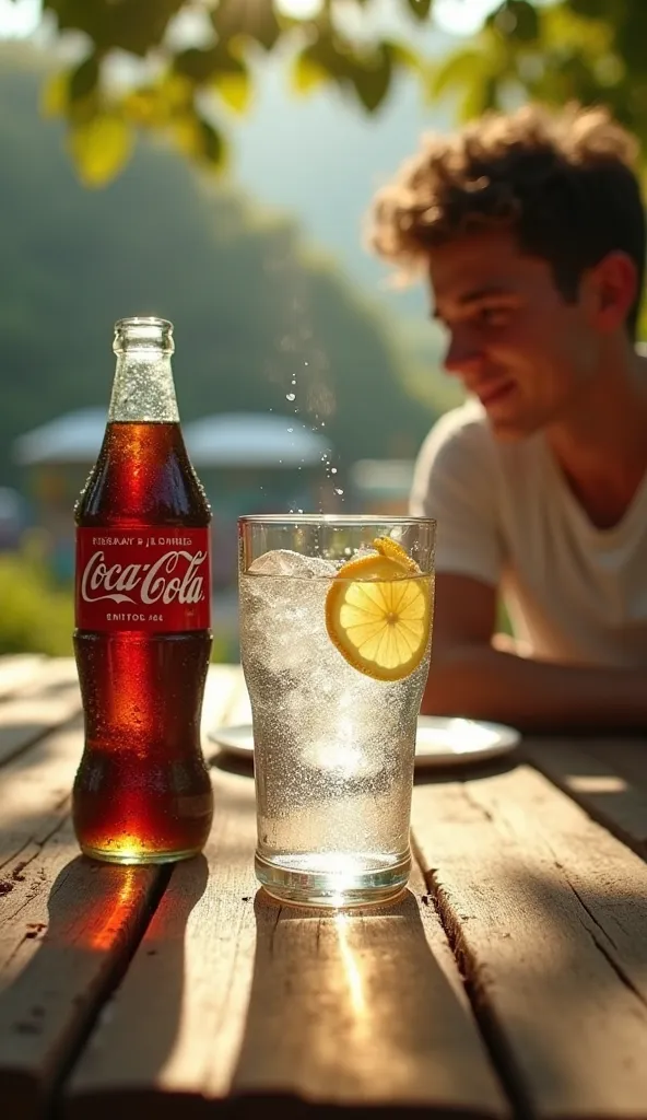 "Refreshing Metamorphosis: From Flavor to Purity"

scenario:
A vibrant and cinematic summer environment. The scene takes place on a rustic wooden table, positioned in a place that transits between urban and natural, such as a terrace overlooking a beach or...