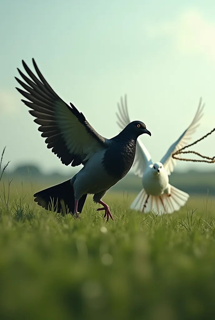 Create a picture where one black dove runs away from one white dove and a white dove has a whip in its hands and it all happens in the field 