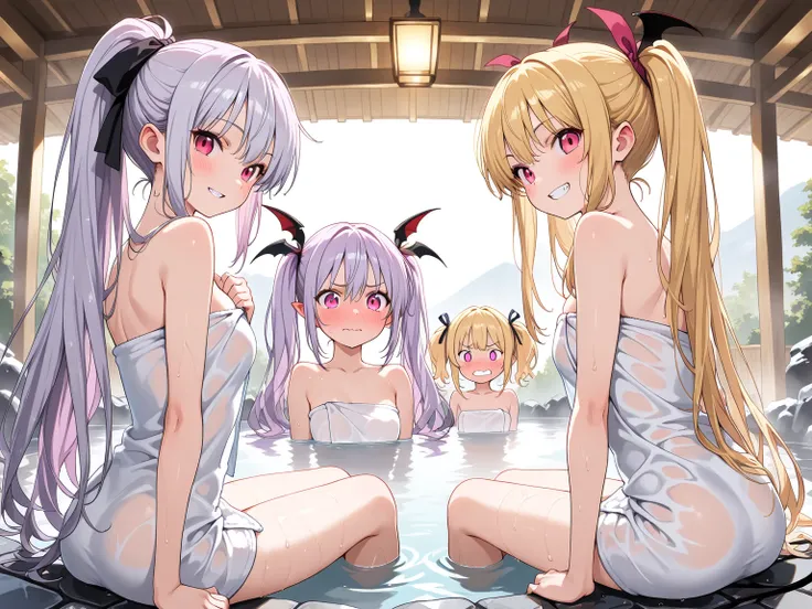 ((masterpiece, best quality, extremely detailed)), (3girls), 
|(silver hair, long hair, twintails, purple eyes, hair ribbon, embarrassed)|, 
|(blonde hair, long hair, red eyes, demon girl, grin)|, 
|(light purple hair, long hair, ponytail, pink eyes, hair ...