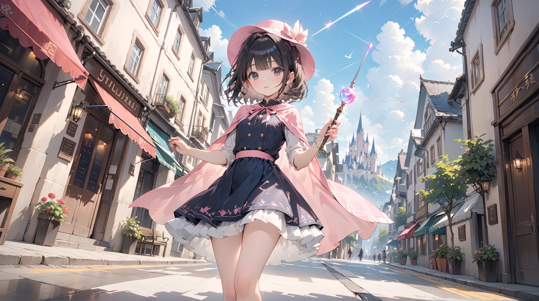 ( best quality ,  high resolution ,  Textured skin , high quality, high detail,  extremely detailed CG unity),One， age girl ， magic 少女，Black short hair，Black Eyes，pink small hat，Hunchback，Magic Wand，Walking stick ， magic ，black top cape，短款 magic 斗篷，cute，Mu...