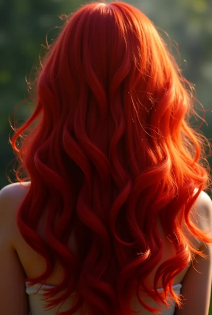 create a girl from the back, showing only her hair, with red, wavy and very voluminous hair