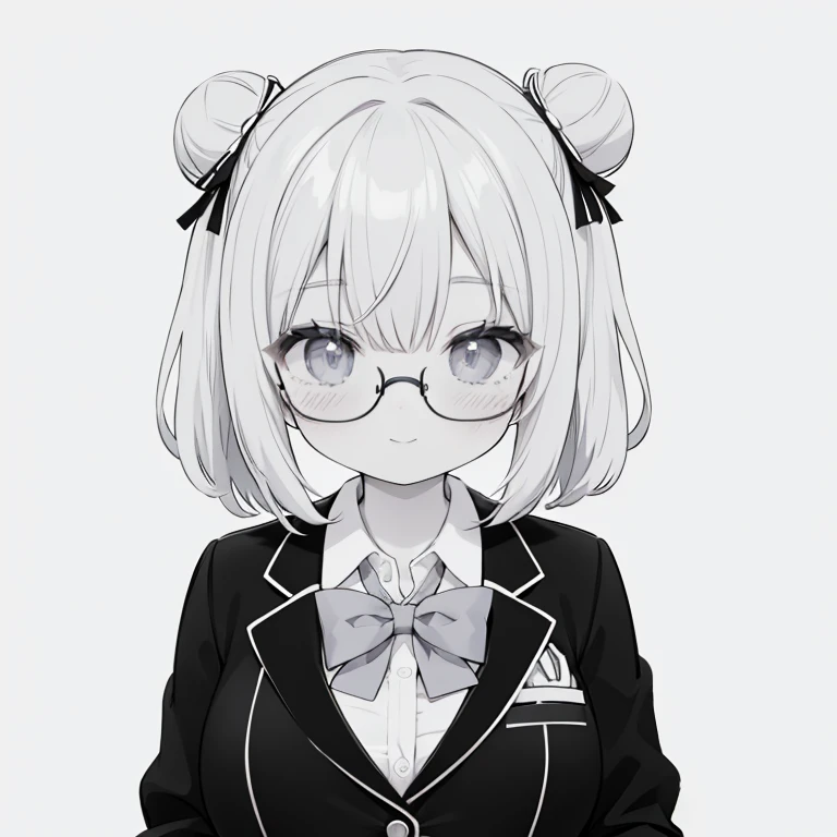 The anime style tone is black and white like a manga cartoon.ผมยาว 1girl, glasses, hair bun, double bun, solo, monochrome, greyscale, bow, opaque glasses, shirt, smile, bowtie, hair ribbon, ribbon, jacket, collared shirt, upper body, round eyewear, closed ...