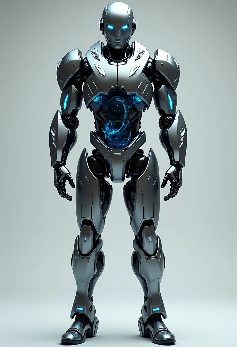 Design a highly detailed, futuristic robot/android standing in a neutral pose. The robot should have a sleek, humanoid design with a blend of advanced technology and elegant aesthetics. Its body is made of polished metallic panels with a mix of matte and g...