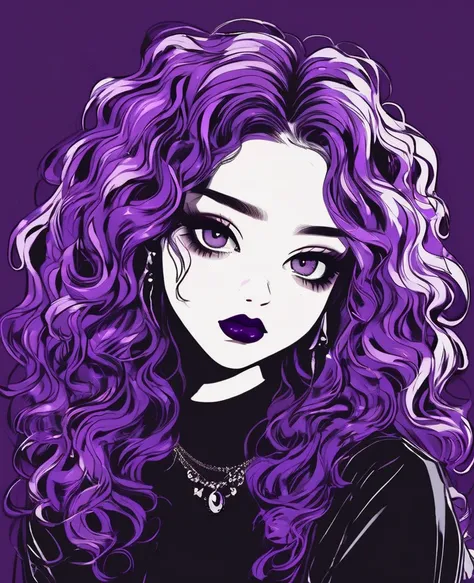 (melhor qualidade, esboço:1.2), fundo escuro monocromático, anime,illustrator,anime, 1, , curly hair background, dark lips , thick lines, linda , gothic aesthetics, goth vibe, in fashion , cute face. Ultra-detailed, purple neon , retrato close, foto close ...