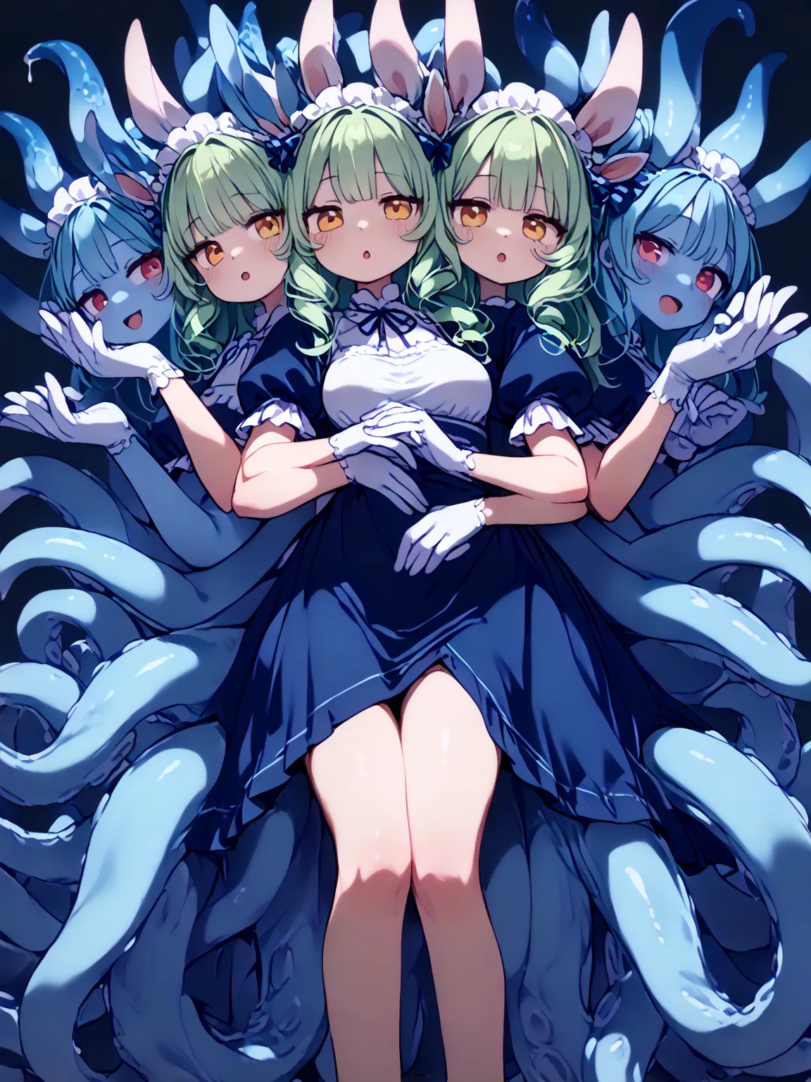 (a lot of heads with extra torsos: 1.5), (extra body: 1.5), girl’s heads being parasitized by girl’s body , BREAK, a lot of tentacle extra limbs, (a lot of extra arms: 1.5) , (3 heads: 1.5), (two heads: 1.5) , multiple girls , break, (The upper body of the...