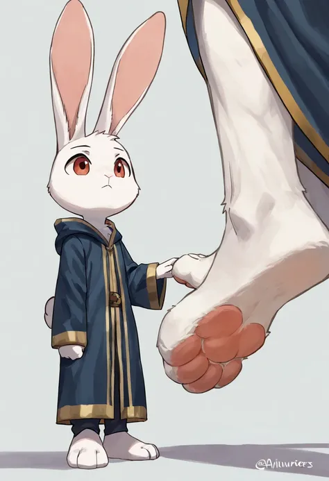 (macro size: 1.1), describe image of a giant rabbit boy putting his foot on an adventurer, an adventurer looking at a closeup rabbit foot, simple background, (2boys: 1.1) (height difference), (rabbit foot paw closeup: 1.1) (femboy), (furry rabbit boy: 1.1)...