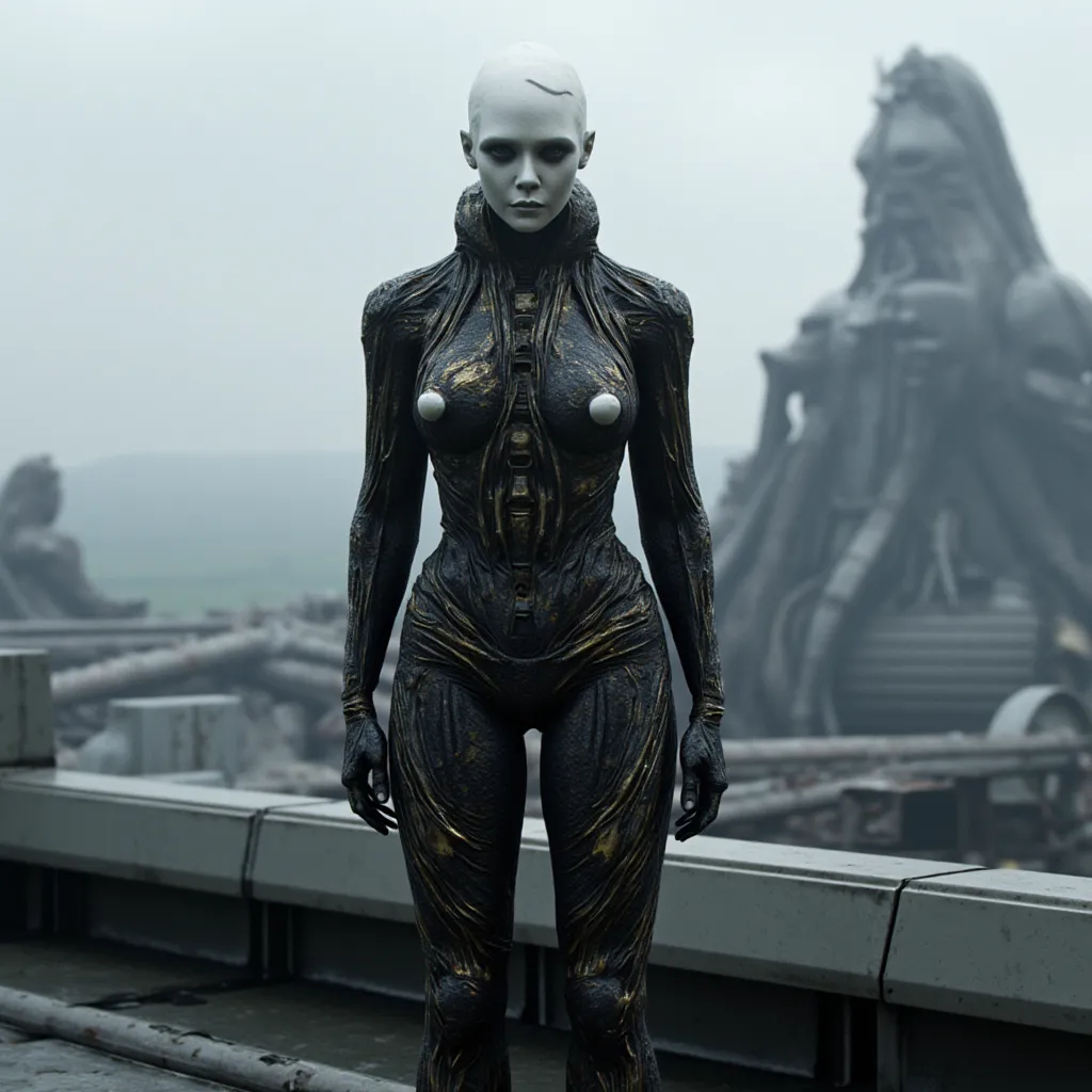 In an industrial city biomechanical futurism. Des structure organique, Skeletal. Sur les toits une femme albinos, in a biomechanical suit enveloping like a diving suit. Covered with cables and mixed bones, giving a mechanical biological form.