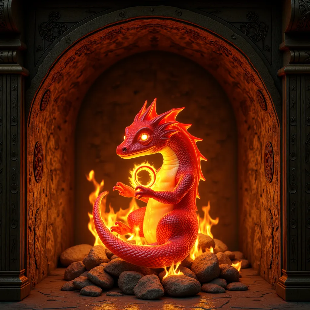  image overlay magic old fireplace inside smoldering wood on firewood curling up lies a magical fire salamander from her body red-blush flames, holds a hot golden ring of omnipotence in her paws 4k 