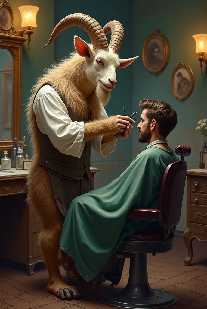 Fusion of a half-goat and half-human barber