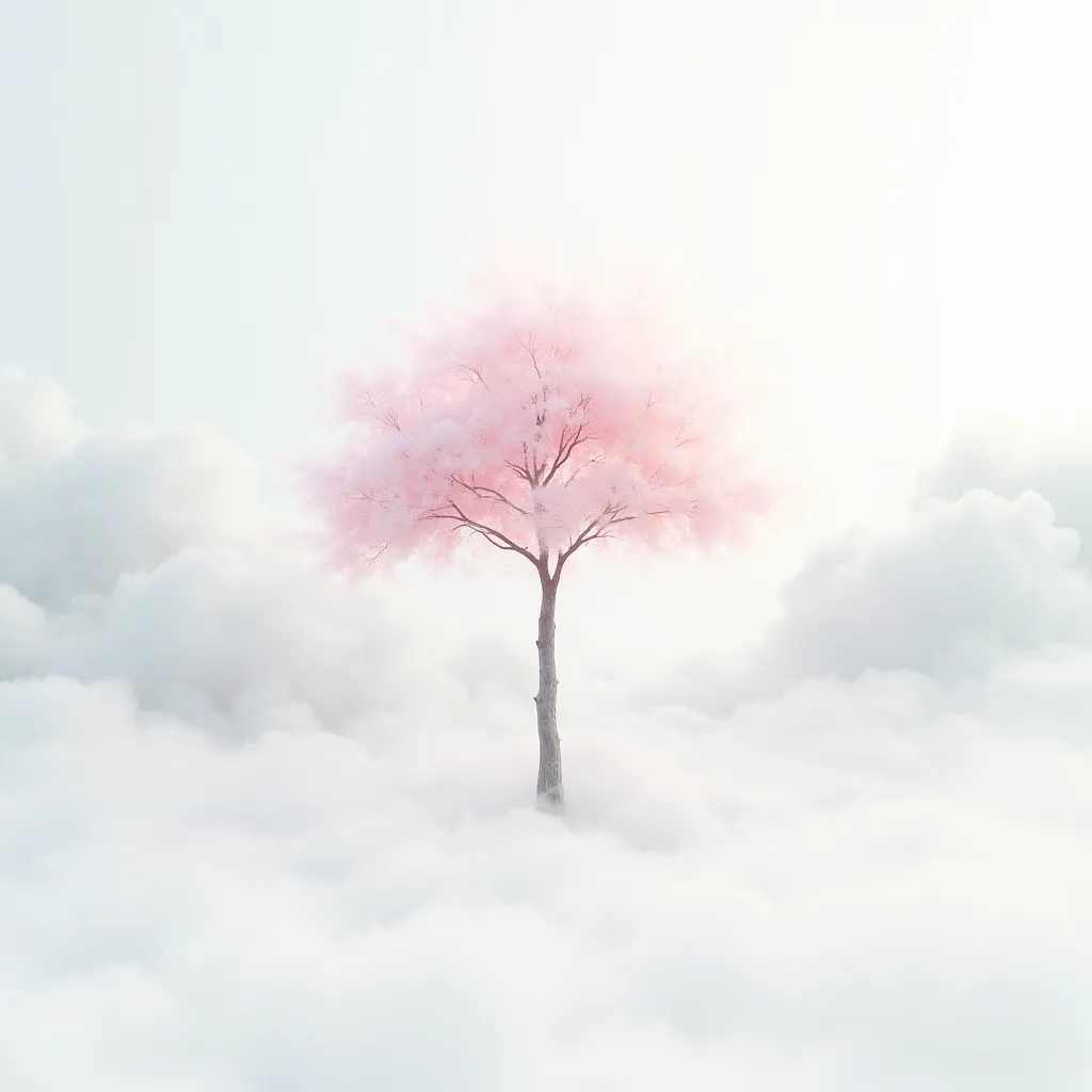 a sakura tree between, clouds in a complete white background. It gives heaven vibe