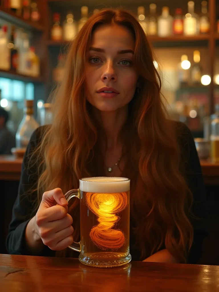 cinematic still, woman with long chestnut hair, sitting at a wooden bar table, holding a large mug of beer, swirling vortex inside the mug, warm bar atmosphere, shelves filled with bottles in the background, blurred lights creating a cozy ambiance, strong ...