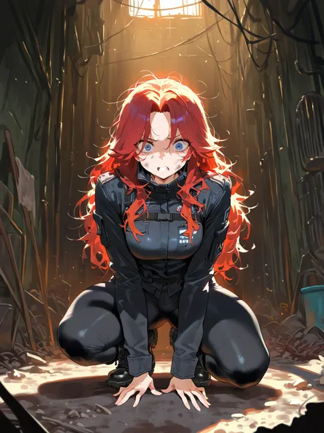 (masterpiece, best quality, amazing quality, very aesthetic, cinematic lighting:1.4,incredibly_absurdres), dirty basement, 1girl\( solo, red hair, long hair, parted bangs, messy hair, red hair, blue eyes, small beasts, black jacket, black pants, black boot...