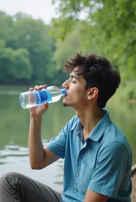 Generate a 10-second video of a young man in his mid-20s, with a serene background, drinking Lagoon Water. He's sitting in a park, surrounded by lush greenery, with a calm lake or river in the background. The camera zooms in on the bottle as he takes a sip...