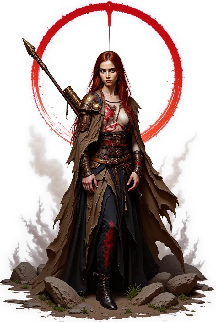  create a white woman ,  Big red hair , she has her back to the image with a small backpack on her back, she is holding a spear and a red aura is emanating from the spear, there's a vertical cut in her neck, black eyeliner, around her eyes are deep and bla...