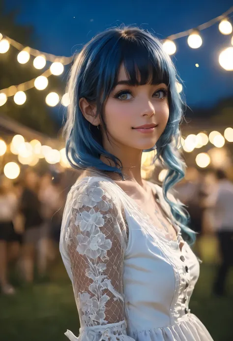 (Anime:1.4), (masterpiece), woman, alone, sensual pose, in a tight dress, fishnet stockings (nsfw:0.55), (intense colors) baby blue hair, yellow eyes, Bangs, sensual smile, beer, perfect belly, new school tattoos, depth of field, background blur, cinematic...