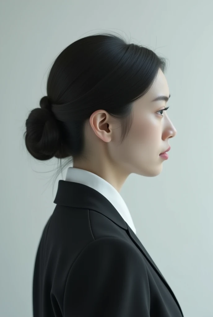 More realistic not to show a face, blurry light gray background. More formal hairstyle with no added elements