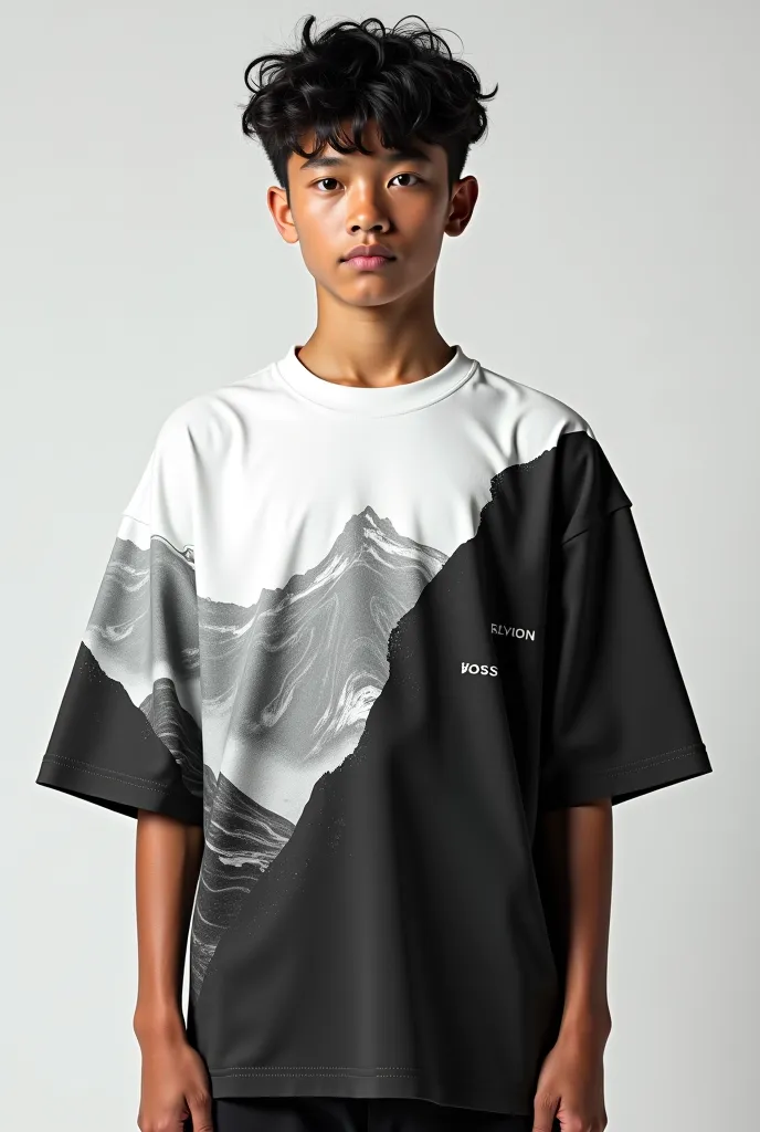 Fully facing the viewer is a fashion editorial style boy wearing an oversized  t-shirt with a sofmore, bale mountain oromia, incorporating abstract elements from Crime Life MX and the refined luxury of Hugo Boss. High fashion, streetwear, 3D oversized t-sh...