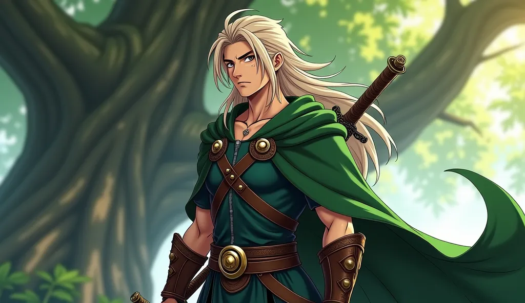  A mystical warrior with long hair ,   disheveled ash blonde hair  , amber eyes ,  you have black spots under your eyes .,  He wears green leather clothing  , white,   Navy blue and brown    ,   a cape complemented by a leather harness surrounding his body...