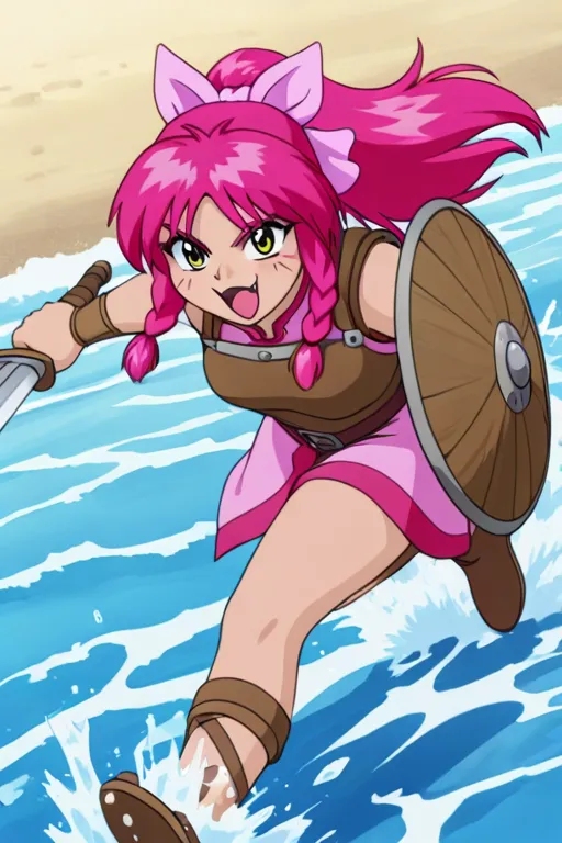 1 girl, solo, Mao Chen,retro artstyle,pink hair,long hair,yellow eyes,whisker markings,ponytail,hair ribbon,pink hair ribbon,hair bow,pink hair bow,:3fangs,a beautiful but fierce Viking Shield maiden, hair with large side-braids, from Norway, running ashor...