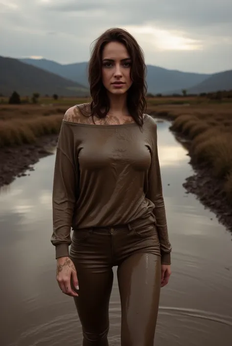 (Full Body Shot, DUSK, RAINSTORM, ((woman soaked in mud, Isabella, 20 years old, soaked in mud, mud spreads all over her, ))(wet sweatshirt, off shoulders, covered in mud, mud soaked, soaking wet, mud covered, )(wet Skinny Jeans, mud covered, covered in mu...