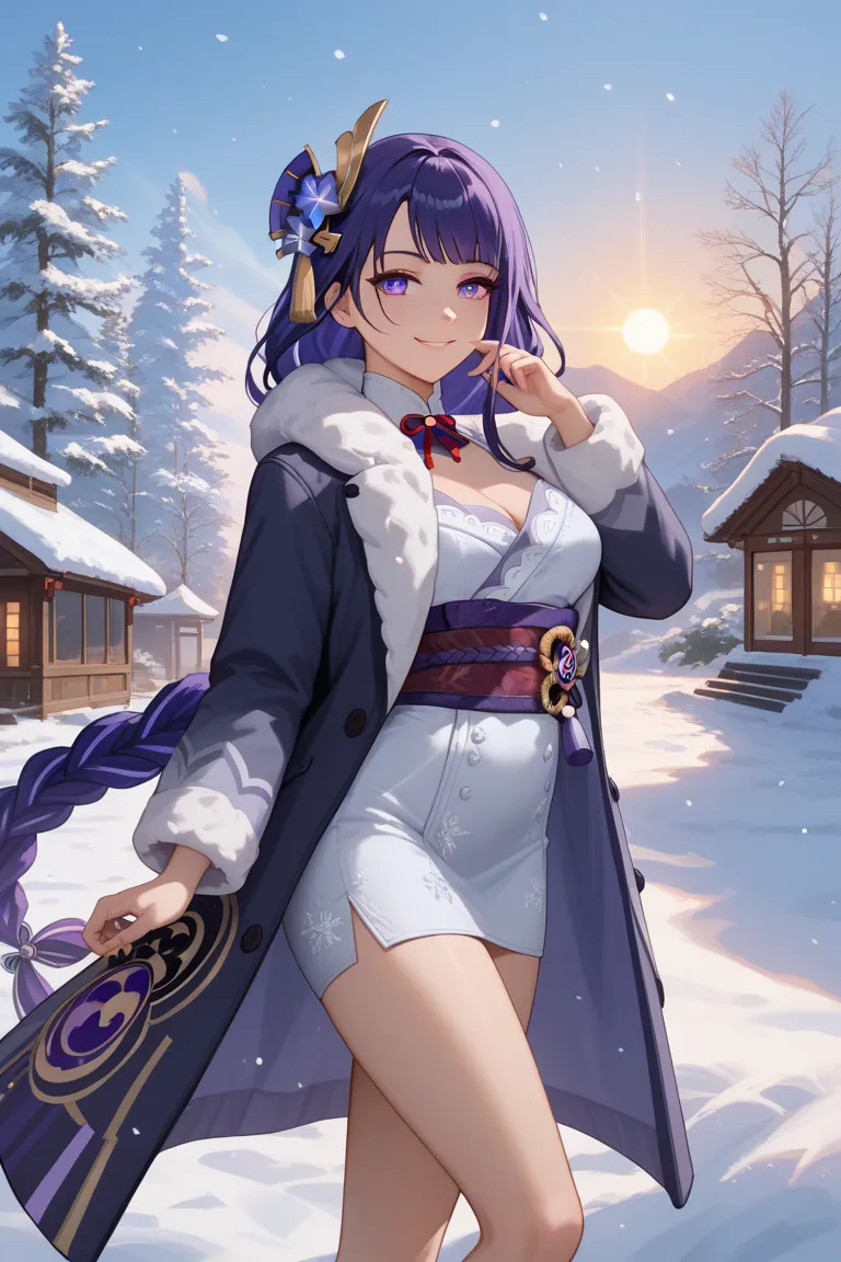 Genshin Impact, raiden Shogun, 1 girl, Japanese , Winter clothes, winter dress code, winter dress, coat, smile on face, winter season,  sun, smile on face, 1 girl, sexy dress, Bare legs