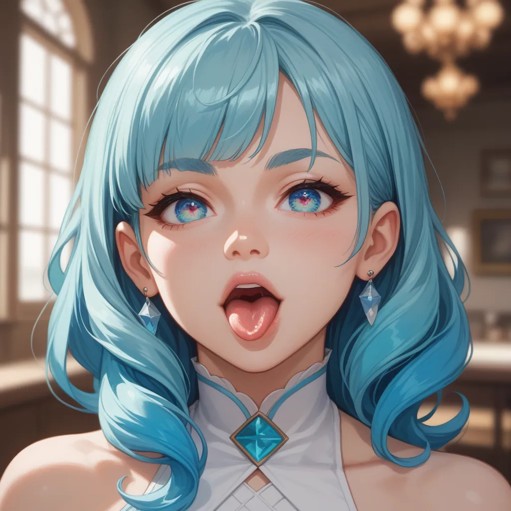 A young woman with light blue hair, likely of Asian descent, is depicted in a close-up, anime-style illustration. She is positioned slightly off-center to the left of the image, filling most of the frame. Her expression is intense, with furrowed brows and ...