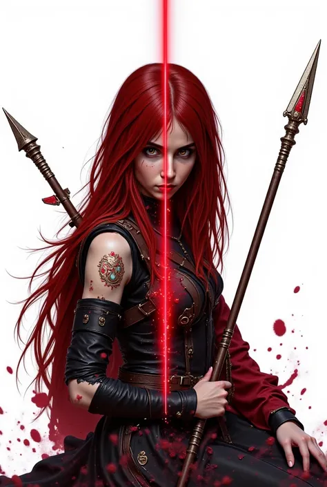  create a white woman , Big dark red hair, black eyes, she has her back to the image with a small backpack on her back, she is holding a spear and a red aura is emanating from the spear, there's a vertical cut in her neck, black eyeliner, around her eyes a...