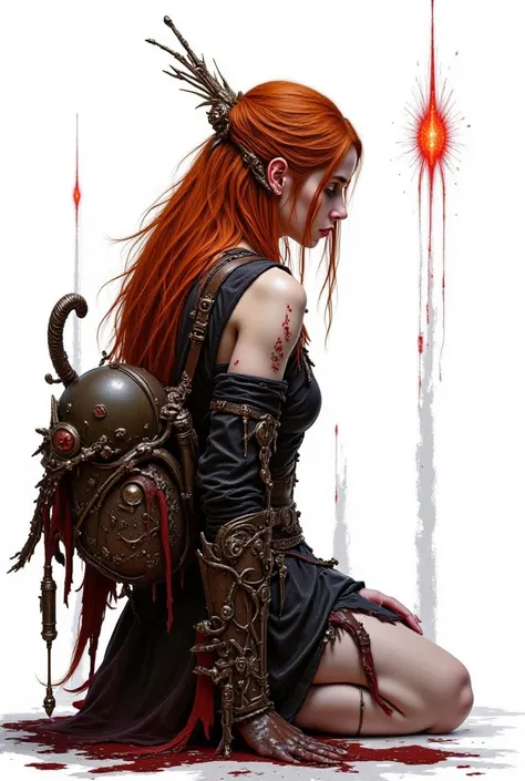  create a white woman , Big dark red hair, black eyes, she has her back to the image with a small backpack on her back, she is holding a spear and a red aura is emanating from the spear, there's a vertical cut in her neck, black eyeliner, around her eyes a...