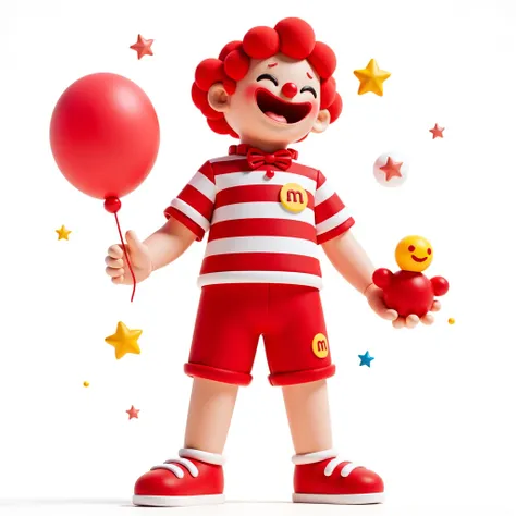 Create a vibrant, cartoonish 3D illustration of a cute, charismatic ren's clown, inspired by Ronald McDonald, with a modern, friendly look. He has curly, voluminous hair in a bright shade of red, a round red nose and a big, expressive smile, conveying joy....