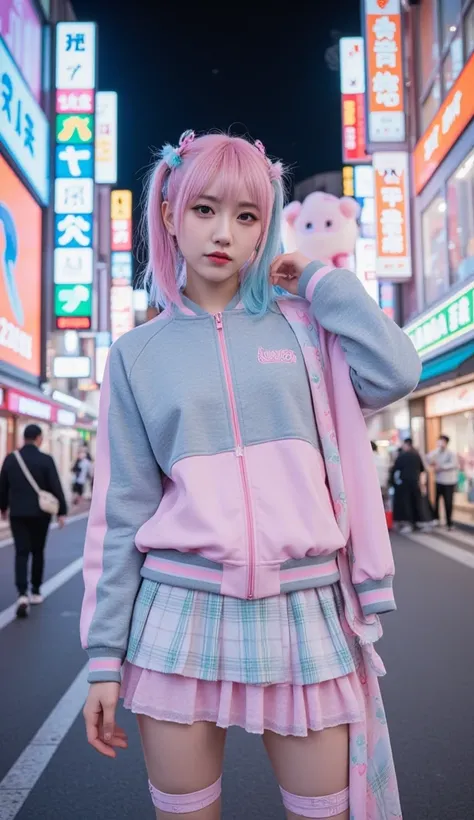 (Best Quality, Ultra-High Definition, 8K, Masterpiece, Photorealistic, Hyper-Detailed), ((Harajuku-Inspired Y2K Fashion with Decora and Cyberpunk Influences)), Kawaii and Edgy Japanese Street Style, Trendy Pastel Pink and Blue Twin-Tail Hairstyle with Blun...