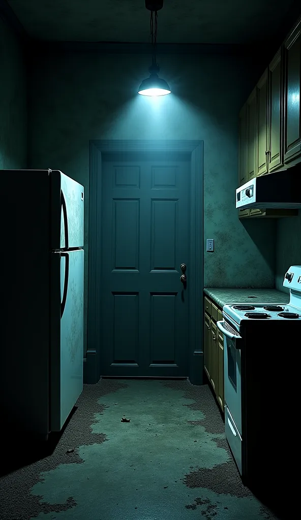 ((((kitchen)))) of an old ruined mansion, lit by a flashlight, in the dark, ((closed door))