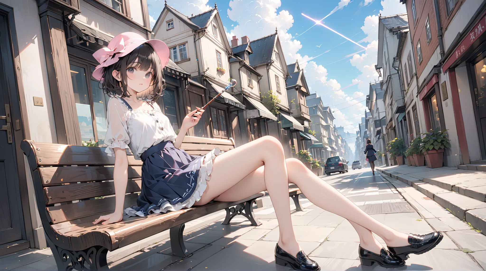 ( best quality ,  high resolution ,  Textured skin , high quality, high detail,  extremely detailed CG unity),One， teenage girl ， magic 少女，Black short hair，Black Eyes，pink small hat，Hunchback，Put your right hand on your leg，Magic Wand，Walking stick ， magic...