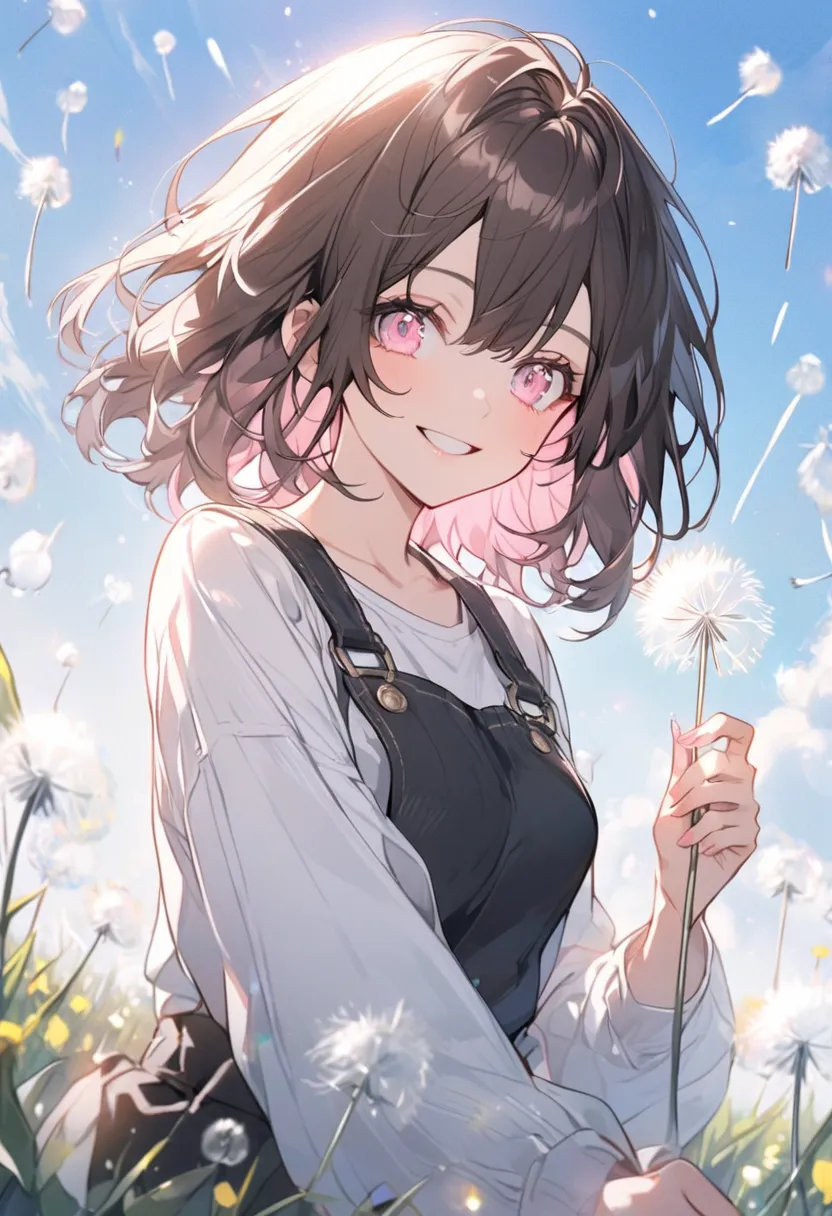  alone，  medium hair ， dark brown hair， pink highlight on the tip，woman，  light pink eyes ，smile,Dandelion，blue sky，White long sleeve，Black Overalls