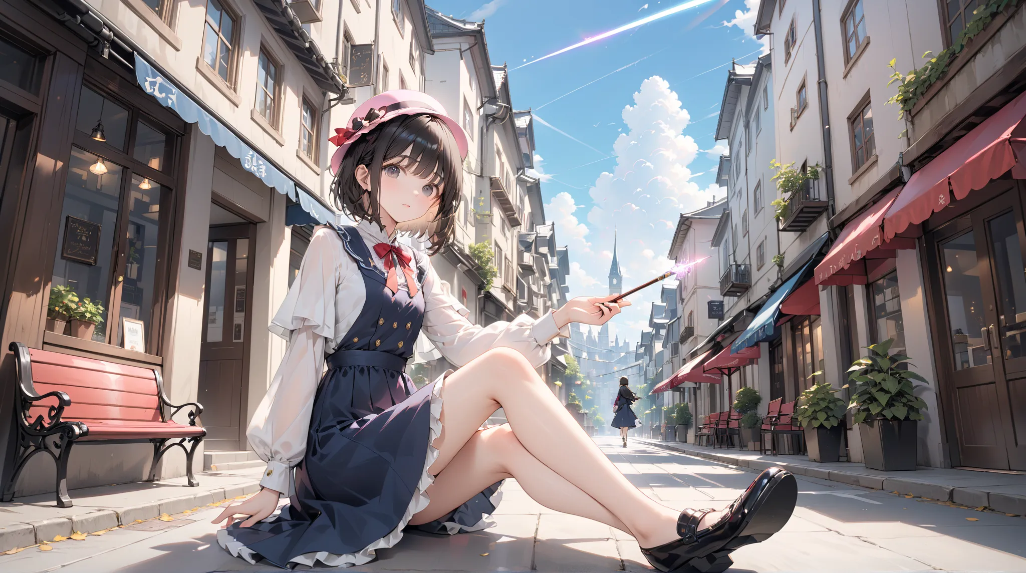 ( best quality ,  high resolution ,  Textured skin , high quality, high detail,  extremely detailed CG unity),One， teenage girl ， magic 少女，Black short hair，Black Eyes，pink small hat，Hunchback，Put your right hand on your leg，Holding a magic wand in the left...