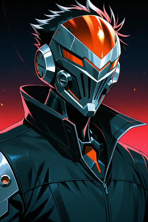 
masterpiece, high quality, 1boy, professional anime illustration, official art, handsome boy, black hair, silver tips, bangs parted, spiky hair, detailed, color gradient, pants ,coat, long sleeves, close-up, portrait, close-up, sci fi suit, mask, sci fi m...