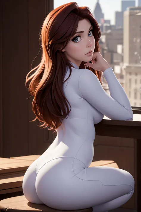 ((Best quality, masterpiece, ultra high resolution)) , shot Behind, Thick, view Behind, better known as amouranth, she is sitting on the table, next to the big window, looking Behind, great view, close-up shot Behind, lit Behind, seen Behind, sitting on th...