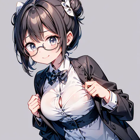 The anime style tone is black and white like a manga cartoon.ผมยาว 1girl, glasses, hair bun, double bun, solo, monochrome, greyscale, bow, opaque glasses, shirt, smile, bowtie, hair ribbon, ribbon, jacket, collared shirt, upper body, round eyewear, closed ...