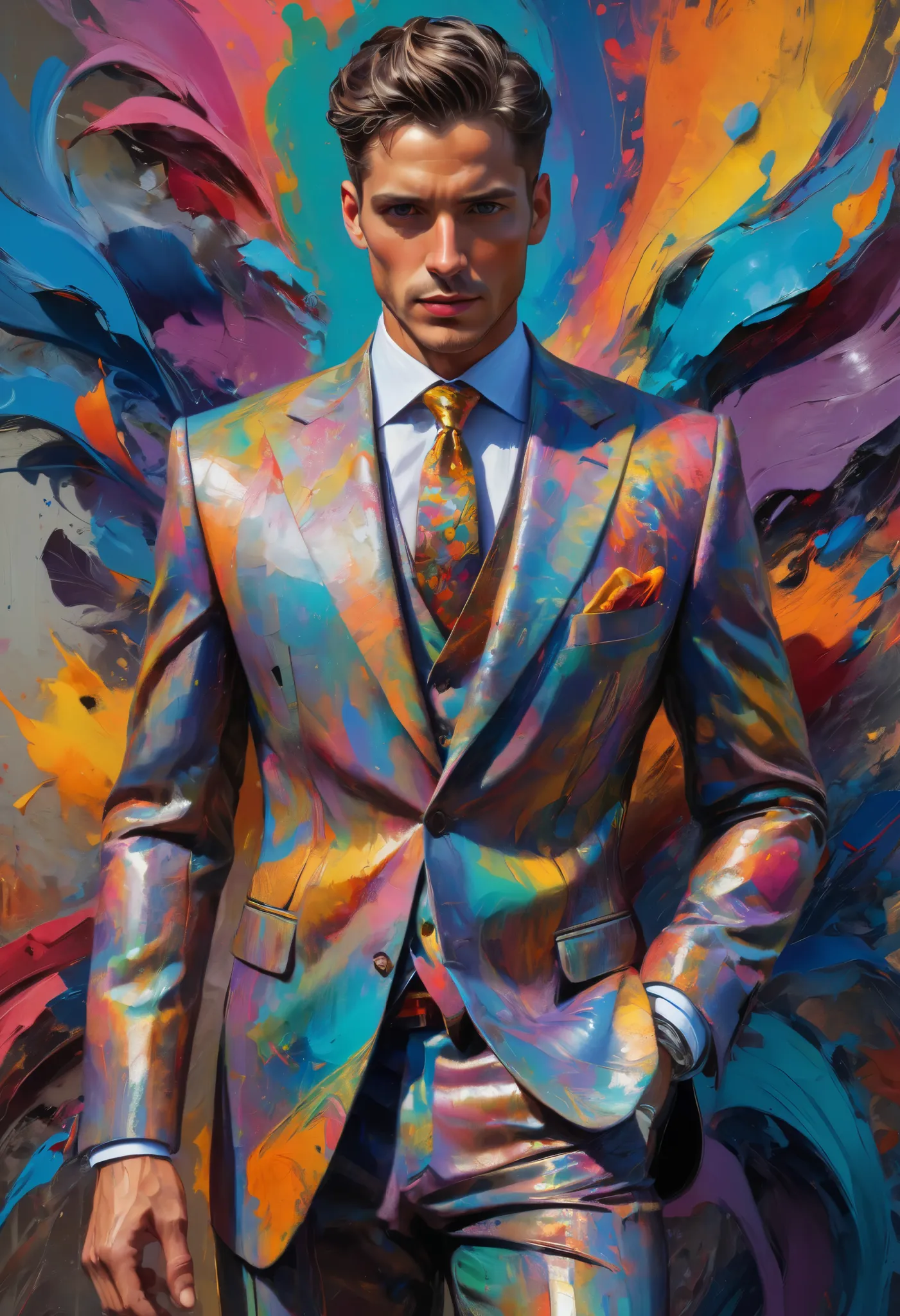  lots of colors,  among them is a man in a gorgeous suit, Better quality,  Masterpiece , Executive Work, official picture, professional,  Ultra sophisticated and detailed, 8 k