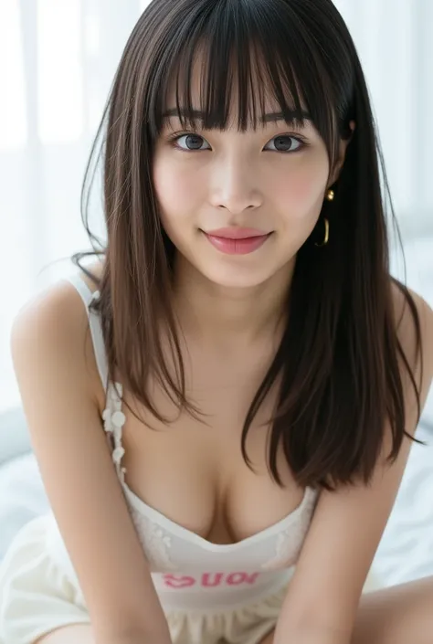 ultra-wide-angle lens,Japanese girl sitting on bed,(smile:1.0),half close eyes,very long straight hair,blunt bangs,It is a bright photo,japanese,looking viewer,age 18,close to face,(view from below:1.5),white Nipple Covers,Leaning forward,(hand job:1.3),(o...