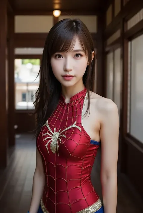 Japanese woman wearing a Spider-Man costume、 Spider-Woman blushing