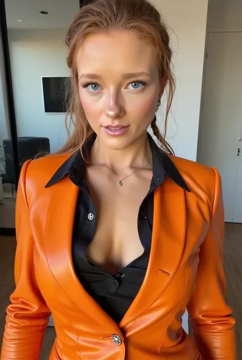 ginger woman, a beautiful female business executive wearing an orange leather Armani business suit with a open black buttondown shirt, wet slicked back blonde hair, strong seductive makeup, bedroom eyes, cinematic lighting, a corporate photography, top exe...