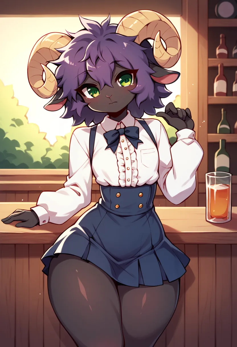  Masterpiece , Better quality, doremifaso64, adult ram, Better quality , lamb ears  , sheep horns , very detailed illustration , ( Anthropomorphic guy:1,7), fair skin , purple hair, green eyes, (19 years old) disheveled fluffy hair , seductive look, ideal ...