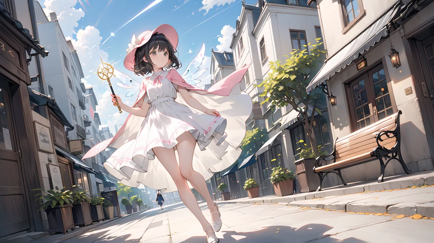 ( best quality ,  high resolution ,  Textured skin , high quality, high detail,  extremely detailed CG unity),One， teenage girl ， magic 少女，Black short hair，Black Eyes，pink small hat，Hunchback，Magic Wand，Walking stick ， magic ，Blouse cape，短款 magic 斗篷，cute，M...